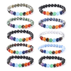 Pierre Mélangete Bracelets extensibles de bijoux de yoga chakra, avec des perles de pierres précieuses naturelles mélangées, 2-1/8~2-3/8 pouces (55~60 mm)