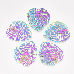 Rainbow Color Ion Plating(IP) 201 Stainless Steel Filigree Pendants, Etched Metal Embellishments, Tropical Leaf Charms, Monstera Leaf , Rainbow Color, 39.5x35x0.2mm, Hole: 2mm