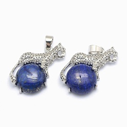 Lapis Lazuli Naturelles lapis-lazuli pendentifs, avec les accessoires en alliage, leopard, teint, platine, 33.5x20x7mm, Trou: 4x6mm