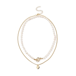 Oro 2 piezas 2 conjunto de collar de cuentas de perlas naturales estilo, pulseras apilables de latón con dije de corazón para mujer, dorado, 15.9~17.80 pulgada (40.5~45.2 cm), 1 pc / estilo