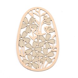 Light Gold Brass Pendants, Etched Metal Embellishments, Hollow Out Oval with Flower, Light Gold, 40x24x0.2mm, Hole: 1.6mm