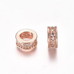 Rose Gold Brass Micro Pave Clear Cubic Zirconia European Beads, Large Hole Beads, Rondelle, Rose Gold, 8x3.5mm, Hole: 4.5mm