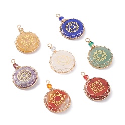 Mixed Stone Natural & Synthetic Pendants, with Glass Beads and Light Gold Tone Brass Findings, Flat Round with Chakra Pattern, 42x27x6mm, Hole: 3.5mm