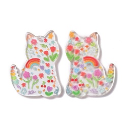 Colorido Colgante de acrílico transparente, forma de gato con flor, colorido, 38x28x2.5 mm, agujero: 1.5 mm