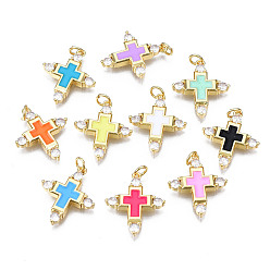 Mixed Color Brass Micro Pave Cubic Zirconia Enamel Pendants, with Jump Rings, Cadmium Free & Nickel Free & Lead Free, Real 16K Gold Plated, Cross, Mixed Color, 23x19x3mm, Jump Ring: 5x1mm, 3mm inner diameter