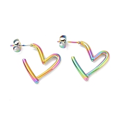Rainbow Color Ионное покрытие (ip) 304 серьги-гвоздики из нержавеющей стали для женщин, сердце, Радуга цветов, 18.5x17x2 мм, штифты : 0.8 мм