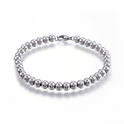 Stainless Steel Color 304 Stainless Steel Beaded Bracelets, with Lobster Clasp, Stainless Steel Color, 7-5/8 inch(195mm)x6mm