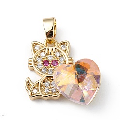 Pink Real 18K Gold Plated Rack Plating Brass Micro Pave Cubic Zirconia Pendants, with Glass, Long-Lasting Plated, Cadmium Free & Lead Free, Cat with Heart, Pink, 21x19.5x7.5mm, Hole: 3.5x5mm
