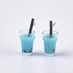 Sky Blue Plastic Cup Pendants, with Resin Inside and Iron Findings, Imitation Bubble Tea/Boba Milk Tea, Sky Blue, 23~28x13~17x13mm, Hole: 1.8mm