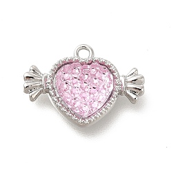 Platine Breloques strass en résine rose transparente, charmes de coeur, avec les accessoires en alliage, platine, 15x21x4.5mm, Trou: 1.6mm