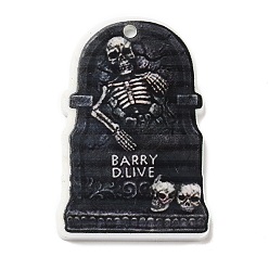 Noir Pendentifs acryliques opaques sur le thème d'halloween, pierre tombale avec breloques squelettes, noir, 37.5~38x23.5~25.5x2~5mm, Trou: 2mm