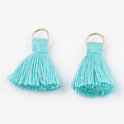 Turquoise Polycotton(Polyester Cotton) Tassel Pendant Decorations, with Iron Findings, Light Gold, Turquoise, 20~30x7~8mm, Hole: 5mm