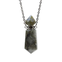 Labradorite Natural Labradorite Bullet Perfume Bottle Necklaces, with Alloy Cable Chains, 17.72 inch(45cm)
