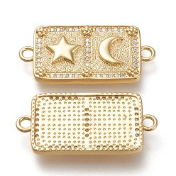 Real 18K Gold Plated Brass Micro Pave Cubic Zirconia Links Connectors, Rectangle with Star & Moon, Clear, Real 18K Gold Plated, 31.5x15x3mm, Hole: 2mm