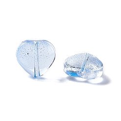 Light Sky Blue Electroplate Transparent Glass Bead, with Glitter Gold Powder, Heart, Light Sky Blue, 10x10x5mm, Hole: 1mm