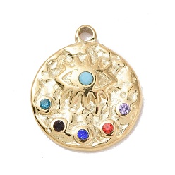 Flat Round 304 Stainless Steel Evil Eye Pendants, with Colorful Rhinestone and 201 Stainless Steel Snap on Bails, Golden, Acalanatha, 18.5x15.5x3.5mm, Hole: 1.8mm
