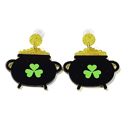Noir Boucles d'oreilles pendantes en acrylique étincelant de la Saint-Patrick, trèfle, noir, 52x45.5mm