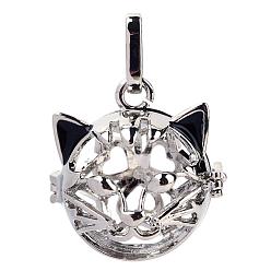 Platinum Rack Plating Brass Cage Hollow Kitten Pendants, for Chime Ball Pendant Necklaces Making, Cat Heat Shape, Platinum, 26x25x25mm, Hole: 4x8mm, inner measure: 18mm