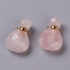 Rose Quartz Teardrop Natural Rose Quartz Perfume Bottle Pendants, with 304 Stainless Steel Findings, Faceted, Golden, 26~26.5x17x8~8.5mm, Hole: 1.4mm, Capacity: about 2ml(0.06 fl. oz)