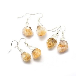 Silver Natural Citrine Dangle Earring, with Brass Findings, Nuggets, Silver Color Plated, 34~38mm, Pin: 0.7mm