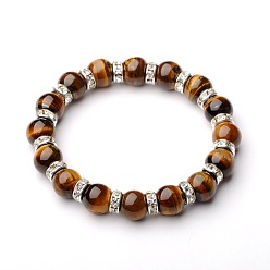Tiger Eye Gemstone Stretch Bracelets, with Silver Color Plated Brass Middle East Rhinestone Beads, Tiger Eye, 54mm