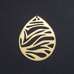 Golden 201 Stainless Steel Filigree Pendants, Textured, teardrop, with Stripe Pattern, Golden, 45x36x1mm, Hole: 1.6mm
