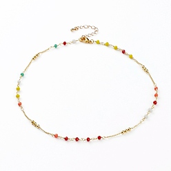 Colorful Faceted Glass Beaded Necklaces, with Brass Beads and Lobster Claw Clasps, Round, Real 18K Gold Plated, Colorful, 15-5/8 inch(39.7cm)