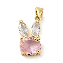Pink Rack Plating Brass Micro Pave Cubic Zirconia Pendants, Cadmium Free & Lead Free, Long-Lasting Plated, Real 18K Gold Plated, Rabbit, Pink, 20x11x7mm, Hole: 5x3.5mm