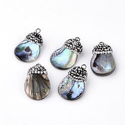 Colorful Rhinestone Abalone Shell/Paua Shell Pendants, with Iron Findings, Eggplant, Colorful, 25~26x15~16x2~3.5mm, Hole: 2mm
