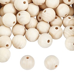 Floral White Natural Unfinished Wood Round Beads, Waxed Wooden Beads, Smooth Surface, with Nylon Packaging Vacuum Bag, Floral White, 25mm, Hole: 6~7mm, 80pcs