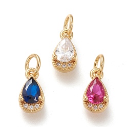 Mixed Color Brass Micro Pave Clear Cubic Zirconia Charms, with Jump Rings, Long-Lasting Plated, Real 18K Gold Plated, Teardrop, Mixed Color, 10.5x5.5x3.5mm, Hole: 3.4mm