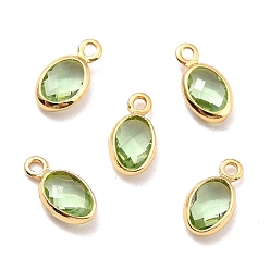 Olive Drab Eco-Friendly Brass with Glass Pendants,  Long-Lasting Plated, Lead Free & Cadmium Free & Nickel Free, Oval, Real 18K Gold Plated, Olive Drab, 9x4.5x2mm, Hole: 1.2mm