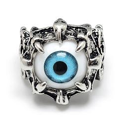 Светло-Голубой Сплав смолы палец кольца, широкая полоса кольца, глаз, античное серебро, Размер 10, Небесно-голубой, 20 мм