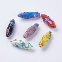 Mixed Color Handmade Lampwork Beads, Rice wit Flower, Mixed Color, 42~44x11~13mm, Hole: 2mm