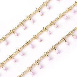 Lavender Blush Handmade Enamel Beaded Chains, with Brass Curb Chains, Soldered, with Spool, Long-Lasting Plated, Real 18K Gold Plated, Lavender Blush, 5.5x1.5~2mm, about 32.8 Feet(10m)/roll