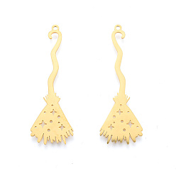 Real 18K Gold Plated Halloween 201 Stainless Steel Pendants, Laser Cut, Witch Broom, Real 18K Gold Plated, 48x16x1mm, Hole: 1.5mm