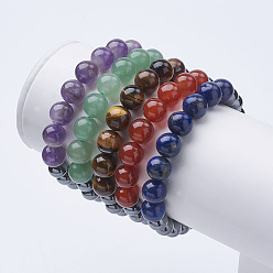Mixed Stone Natural Gemstone Stretch Bracelets, with Non-Magnetic Synthetic Hematite Beads, 2-1/8 inch(55mm)