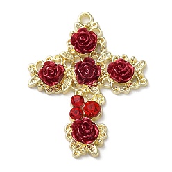 Cross Pendentifs en strass en alliage d'or léger plaqué en rack, avec rose en résine, plaqué longue durée, charme de fleur, croix, 36.5x28.5x4.5mm, Trou: 2mm