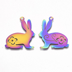 Rainbow Color Easter Ion Plating(IP) 201 Stainless Steel Pendants, Etched Metal Embellishments, Rabbit, Rainbow Color, 30x25x0.3mm, Hole: 1.8mm