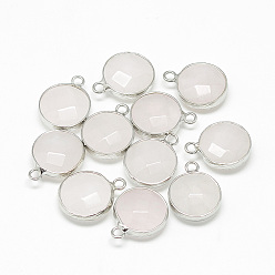 Misty Rose Natural Rose Quartz Pendants, with Brass Findings, Faceted, Flat Round, Platinum, Misty Rose, 19~21x15~16x6~7mm, Hole: 2mm