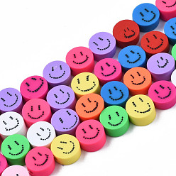 Mixed Color Handmade Polymer Clay Beads Strands, for DIY Jewelry Crafts Supplies, Flat Round with Smiling Face, Mixed Color, 9~9.5x4~5mm, Hole: 1.8mm, about 37~38pcs/strand, 15.75 inch~16.14 inch(40~41cm)
