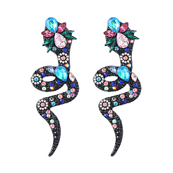 Colorful Sparkling Rhinestone Snake Dangle Stud Earrings, Gunmetal Alloy Long Drop Earrings for Women, Colorful, 81x29mm