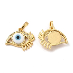 White Rack Plating Brass Micro Pave Clear Cubic Zirconia Pendants, with Handmade Evil Eye Lampwork, Cadmium Free & Lead Free, Long-Lasting Real 18K Gold Plated, Eye Charm, White, 17x19.5x5mm, Hole: 6x3mm