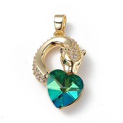 Light Sea Green Real 18K Gold Plated Rack Plating Brass Micro Pave Clear Cubic Zirconia Pendants, with Glass, Long-Lasting Plated, Cadmium Free & Lead Free, Leopard with Heart Charm, Light Sea Green, 28.5x17.5x8mm, Hole: 5x3.2mm