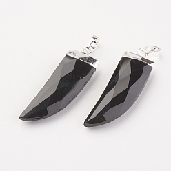 Black Agate Natural Black Agate Pendants, with Brass Findings, Dagger, Faceted, Silver, 34~35x10~11x4.5~5.5mm, Hole: 4x6mm