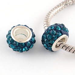 Zircon Bleu Perles de grand trou européennes en argile polymère strass avec noyaux en laiton plaqué couleur argent, rondelle, zircon bleu, 11~12x7~7.5mm, Trou: 5mm