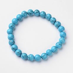 Synthetic Turquoise Synthetic Turquoise Round Bead Stretch Bracelets, 55mm, Bead: 7~8mm 