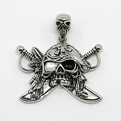 Antique Silver Vintage Men's 304 Stainless Steel Focus Pirate Style Skull Pendants, Antique Silver, 48x46x8mm, Hole: 11x5mm
