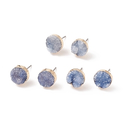 Mixed Color Dyed Flat Round Natural Druzy Agate Stud Earrings, with Golden Tone Brass Findings and Iron Pins, Mixed Color, 8mm, Pin: 0.6mm