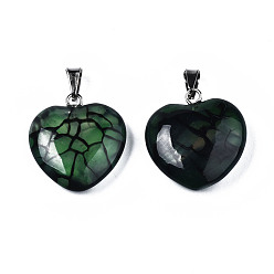 Green Natural Dragon Veins Agate Pendants, with Stainless Steel Snap On Bails, Heart, Stainless Steel Color, Green, 22~23x19~20x5~6mm, Hole: 3x5mm